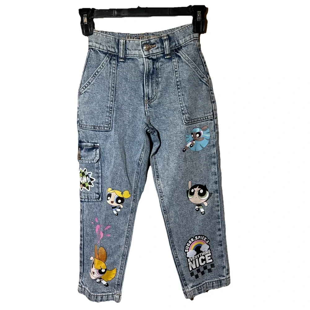 The Powerpuff Girls Justice Jeans Girls Sz 7 Easy Fit Acid Wash Mom Cargo‎ EUC